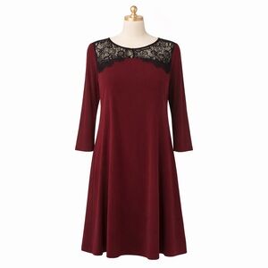 Nina Leonard Burgundy Lace-Trim Dress (1X)
